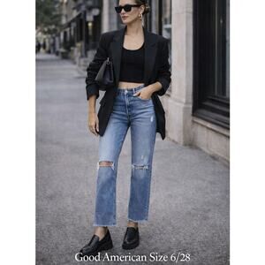 Good American Size 6/28 Straight Leg Jeans Raw Hem Distressed Knee Mid Rise Blue